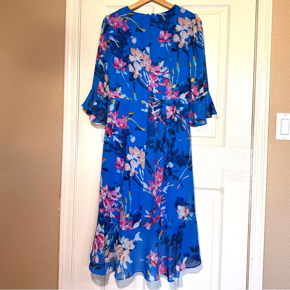 Adrianna Papell Blue Floral Faux Wrap Y2K 90s Fairy Flowy Ruffle Dress Size 4 - Picture 7 of 12
